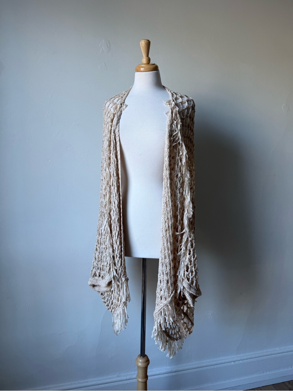 Simply Couture Crochet Fringe Vest Shawl Beige Boho One Size